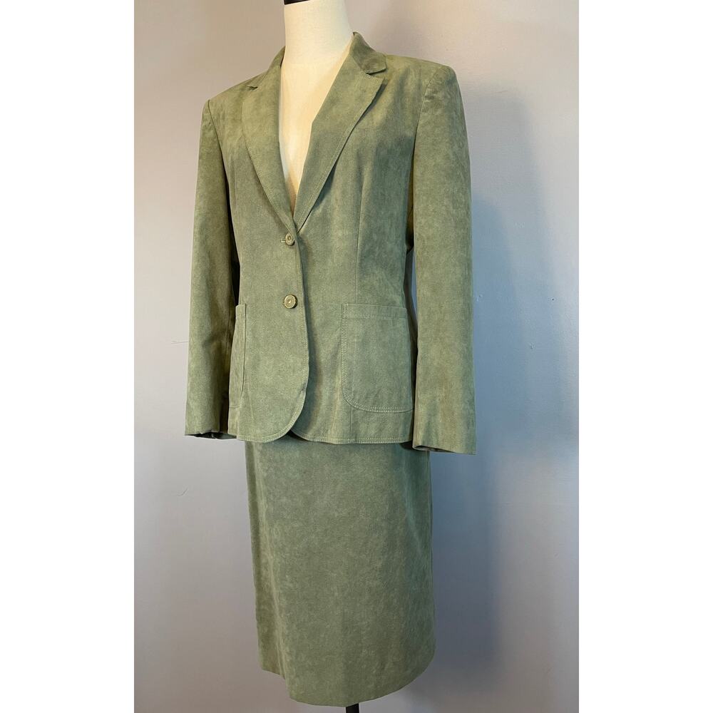 Vtg 80s Sage Green Ultra Suede 2 Pc Skirt Suit Blazer Adolph Schuman Lilli Ann